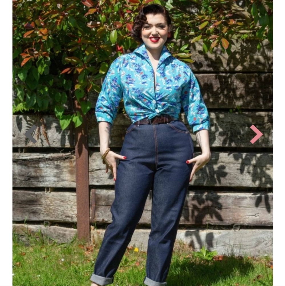 Vivien of Holloway 1950's style blue denim gold stitch Jeans